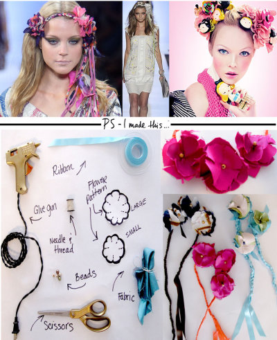 I&#8217;m borderline obsessed with these j&#8217;amazing bohemian floral headpieces.  I can&#8217;t get enough of this delicious look spotted on DVF&#8217;s Spring 09 runway.
Round up some fun colored fabric,  cut into Large and Small flowers (*see pattern &amp; be sure to cut 1/2 inch slits for flowers to flutter), braid 3 pieces of satin ribbon (approx. 1 yd each), find a bead or button for the flowers center.  Use tools listed above, and with a few stitches, dabs of glue, you have the essential Spring accessory!
Click here to watch me make a Floral Headpiece
http://www.teen.com/channels/fashion/index.vm?vid=rCA4796tC4_KGI2nBU30fli8XNGooJQO
Peace