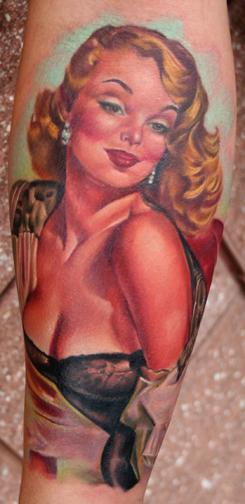 Here's Chris Mendoza's Gil Elvgren pin-up tattoo. Done at the Tried &amp;