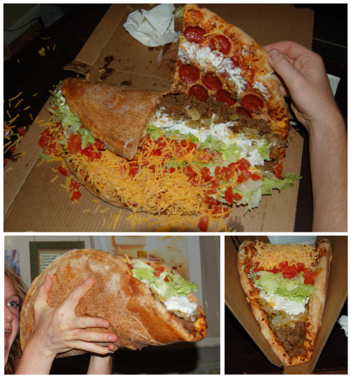 El Niño Ground beef, sauteed onions, sour cream, lettuce, tomato and cheddar cheese wrapped in a large pepperoni pizza, totaling three pounds. (Submitted by Joshua Krezinski, Andrew Chifari, Manny Gardberg, Sarah Morrison) 
