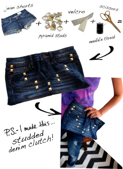 Q: Still clinching onto summer short shorts?
A: Clutch &#8216;em!
Turn your denim daisy dukes into a super cute clutch.  Cut the bottoms off.  Flip inside out.  Stitch the bottom.  Turn right-side up.  Stick velcro along the wasit band for closure.  Stud the top with metal grommets to give it an edge.  Use for an evening bag, make-up case, or a chic tool bag ;)
its a denim DO for Fall!