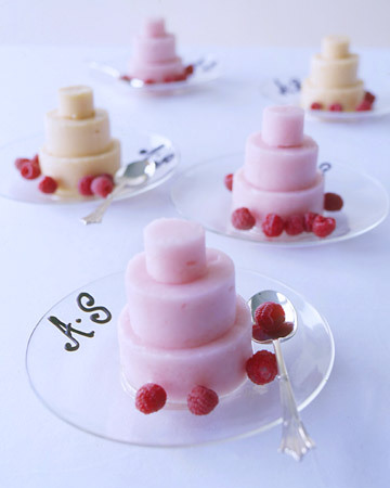 Mini wedding cake shaped sorbets Bride and groom 8217s name piped in