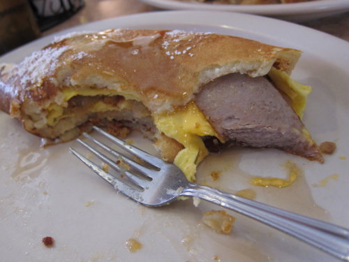 Country Breakfast Wrap Scrambled eggs, pork sausage, potatoes and American cheese rolled inside a buttermilk pancake topped with maple syrup. (submitted by Joe Stracci via The Brownstone Diner & Pancake Factory)