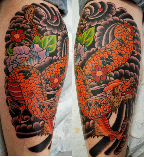 Tattoo by Andy Canino: White Lotus Tattoo, Highlands Ranch, CO Dragon, Left