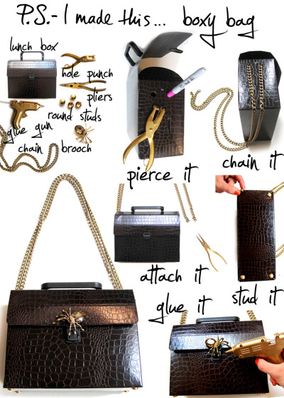 Slap on an apron, it&#8217;s time to stir up your fashion croc pot for a super chic &#8216;n classy case.  Boxy silhouette bags are making a huge comeback for Fall/Winter 2010.  Louis Vuitton is bringing the sexy lady back, while Ralph Lauren continues to knock us out with versions of his famously luxe Ricky bag (yes! Named for RL&#8217;s knock-out wifey).
To make a faux croc carryall of your own, purchase or re-purpose a lunchbox.  Use tools to punch two holes in each side.  Thread chain (test out a desired length before cutting) through one side, and connect with pliers after threading through the other side.  Add dome nail heads onto the bottom corners for &#8220;feet&#8221; by pushing and bending back sharp pronged corners.  Finish off with a j&#8217;amazing brooch that&#8217;s DIYing for a reinvention.  P.S.- I love all things wild and animal-eque&#8230; a la Kieselstein-Cord!  