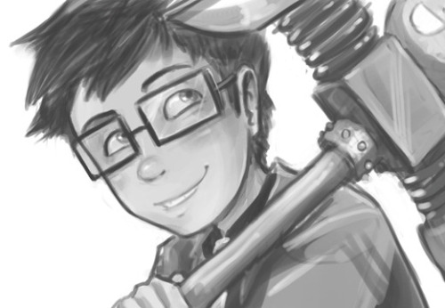 anime boy with black hair and glasses. He has a shock of lack hair