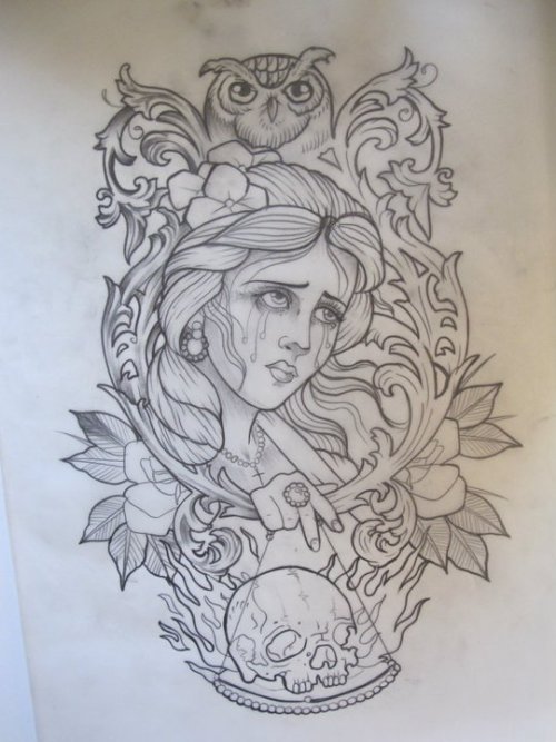 Drew Romero lady with owl tattoo sketch