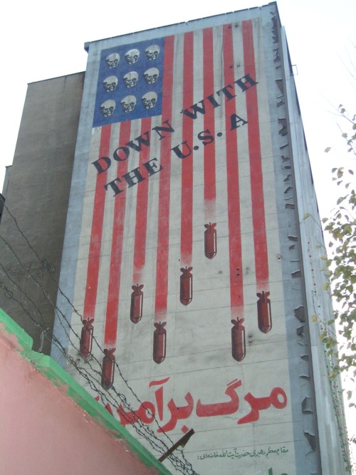 “WASHINGTON ANALYSTS ARE HIGHLY INTERESTED IN CONFIRMING A REPORT REGARDING AN IRANIAN GOVERNMENT DECISION TO REMOVE ANTI-AMERICAN SLOGANS AND ART FROM TEHRAN’S BUILDINGS.” — Via Wikileaks, a diplomatic cable shows how Secretary of State Hillary Clinton asked for help to (literally) read the writing on the wall in Iran.