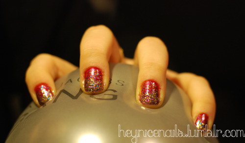  
Submitted by heynicenails
New Year’s Glitter Fade Nails!!!
Essie: Wild Thing
OPI: Sparkle-icious