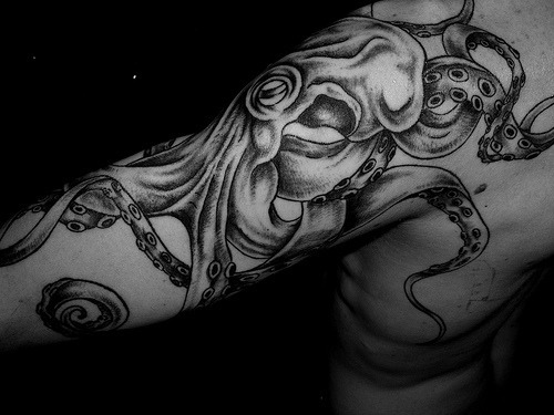 #tattoo #Black and White #arm #naked #tattoos #cool #octopus