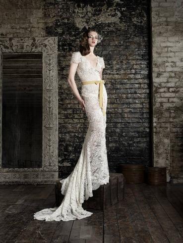 Bruce Oldfield 8217s vintage lace wedding gown with yellow sash