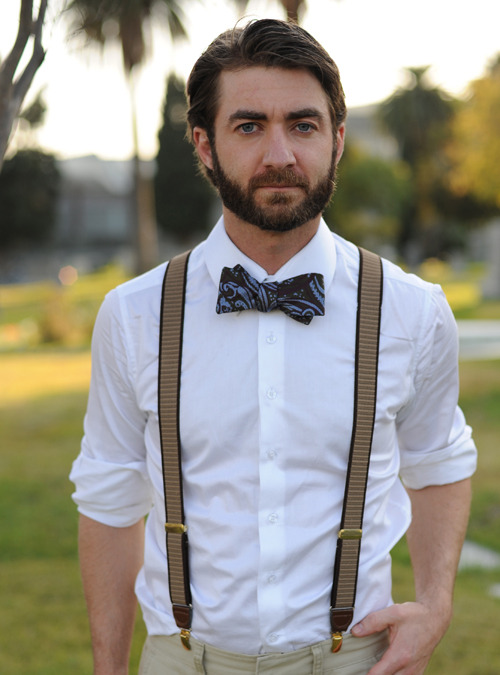suspenders and tie. beard, bow tie and suspenders