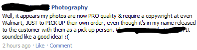 Ginger and I have been rolling on the floor laughing since we opened our email to this. If you use PRO in all caps in the same breath as saying your client picks up her own pictures at Wal-Mart AND manage to misspell copyright, you might want to rethink your photography career.&nbsp;    ]]>