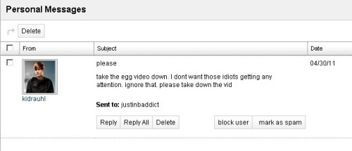 swedenschwag:       Justin’s reaction to the egg incident   This PM was sent to justinbaddict before his account was terminated. It’s easy to forget that even though Justin has a lot of haters, he can still get hurt by some of them. 