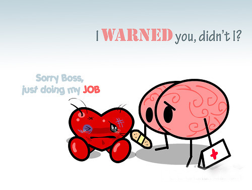 Cérebro: Eu te avisei, não avisei?Coração: Desculpa chefe, mas eu só estava fazendo meu trabalho.