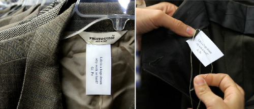 Clothing labels with poems printed on them are sewn clandestine in local Thrift Stores (via Agustina Woodgate)