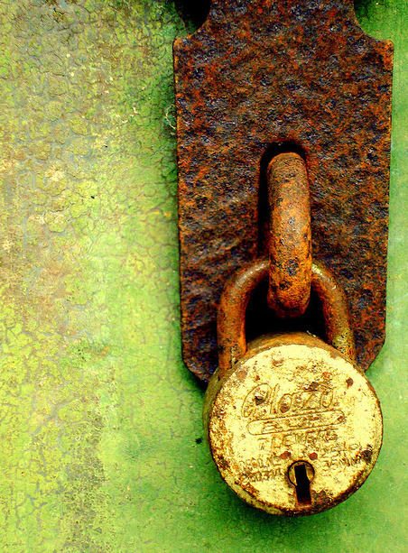 harvestheart:

Rusty hasp and lock on green
