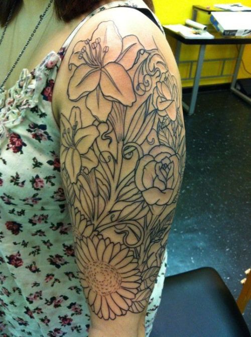 The outline of my floral sleeve just as it was finished