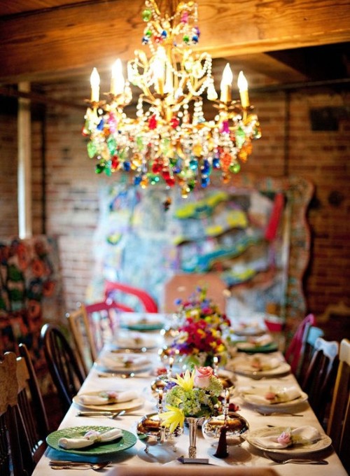 My Bohemian Celebration  
I&#8217;d like it even more with some kind of colorful, fun embellishments on the chairbacks.
curatedstyle:

Colorful, eclectic tablescape &amp; awesome chandelier!!! via Maryann Rizzo
