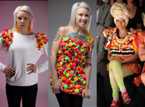 (via Adventures in Copyright: Nicki Minaj Wears a Blatant Copy of Young Designer Jessica Rogers’ ‘Puff Ball’ Fashion; Rogers Says She Was ‘In Tears’ Over It – Fashionista: Fashion Industry News, Designers, Runway Shows, Style Advice)
Earlier this week, Nicki Minaj made headlines when she sat next to a soberly-dressed Anna Wintour, wearing a rainbow, shoulder-pad-dress-concoction completely covered in neon pom-poms, at Carolina Herrera’s Spring 2012 runway show. Everyone had a good laugh, and prasied Minaj for her gusto and originality…except that, as it turns, the hip-hop singer was wearing a flagrant rip-off of another designer’s work.
