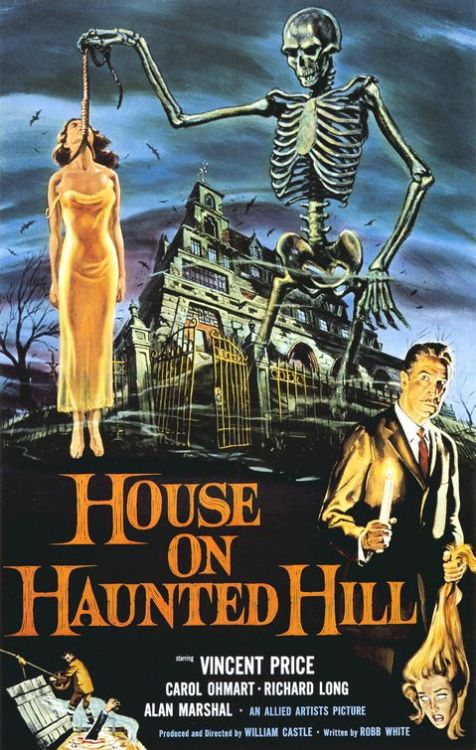 Month Of Horror:
5. House on Haunted Hill, 1959
The legend Vincent Price delivers a great performance, the movie while short, keeps the tension and the mystery very well.
Vincent Price plays the eccentric millionaire Fredrick Loren. He and his wife, Annabelle, have invited five people to the house for a &#8220;Haunted House Party&#8221;. The guests have to stay in the house for the night to earn $10,000 each. As the night progresses, all the guests are trapped inside the house with ghosts, murderers and such terrors.
On its initial release, William Castle (director and producer), had a glow in the dark skeleton swing across the theater at the right time in the movie, later when people knew about it, kids would show up with sling shots and throw rocks at it.
In August and September 2010, the Film Forum in New York City had a revival of the film (along with several other Castle pictures) that included the original gimmick. This was the first time since the late 1980s Film Forum had done this.
