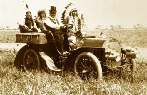 my-ear-trumpet:

propagandery:

Geronimo driving a car, 1905

How to Be a Retronaut:

‘The photograph of Geronimo driving a car was taken on June 11, 1905, at the Miller brothers’ 101 Ranch, located southwest of Ponca City, Oklahoma.
‘The car is a Locomobile, and the Indian in full headdress to Geronimo’s left is Edward Le Clair Sr., a Ponca Indian. Geronimo so admired Le Clair’s beaded vest that it was presented to him later in the day. When Geronimo died in 1909, he was buied in the vest.
‘The photograph was taken during a special 101 Ranch show for the U.S. press. Thousands of newspaper editors and reporters flocked to it.’
- Ivan L. Pfalser

