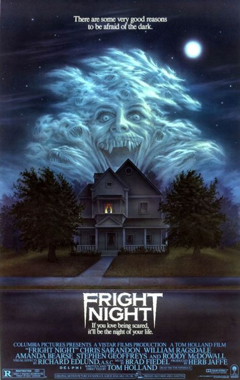 Month Of Horror:19. Fright Night, 1985
Boy is this a fun movie! The story is interesting and entertaining, the characters are likeable and the special effects kick ass.
This is a pretty solid movie, it honors the classic vampire films, there are a bunch of Universal posters in the background and a few scenes of the Hammer classics, as well as the myths of the vampires and the ways a vampire can be killed. Remember: a cross is not good unless you have faith.
I love the idea of a horror fan catching a vampire in the act, there are some things that may seem a little cliche by today&#8217;s standards but it still holds up.
Over all it&#8217;s a fun movie and I think any horror fan should give it a watch.

P.S. A puppet that was created for another Columbia Pictures production, Ghost Busters, makes his debut in Fright Night. If you watch the movie it becomes pretty obvious which one.