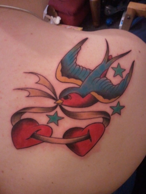 My Sailor Jerry swallow on my right shoulder Just done about an hour ago by
