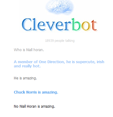 OMG Cleverbot is SMART


Cleverbot is in blue