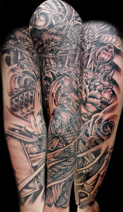 fuckyeahtattoos Koi Dragon black and white sleeve Generously drawn up and