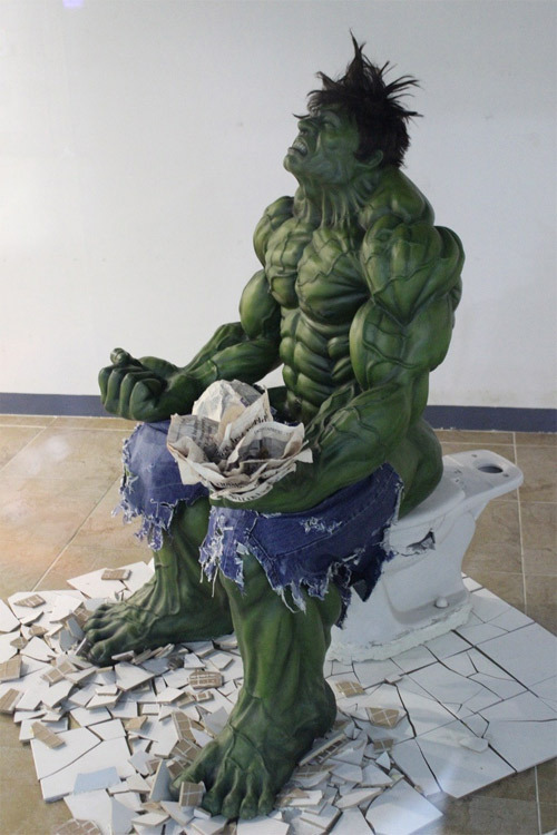 (via Obvious Winner - So Easy To See The Awesomeness - ow - Incredible Hulk on the Toilet Statue Smashing an O-Ring)