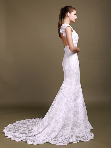  Edge Neckline and Chapel Train Cut out Backless Wedding Dresses 2012