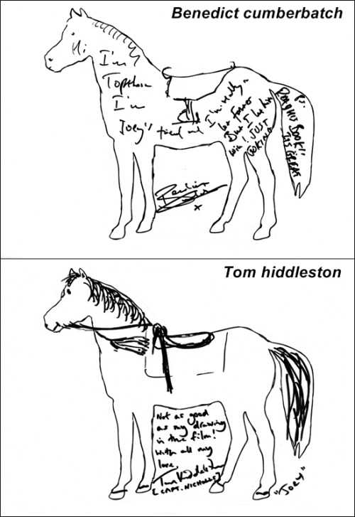 deareje:


Benedict cumberbatch and Tom hiddleston drew a picture of horse.
(from http://www.nam.ac.uk/microsites/war-horse/2067/blog/spielberg-pays-tribute-to-forgotten-war-horses/ )

Hi, I’m Topthorn. I’m Joey’s friend and I’m really a lot faster. But I let him win! JUST JOKING. ps. READ HIS BOOK!! ITS GREAT 
He’s such a giant five year old.

Oh Ben, you&#8217;re ridiculous! &lt;3
