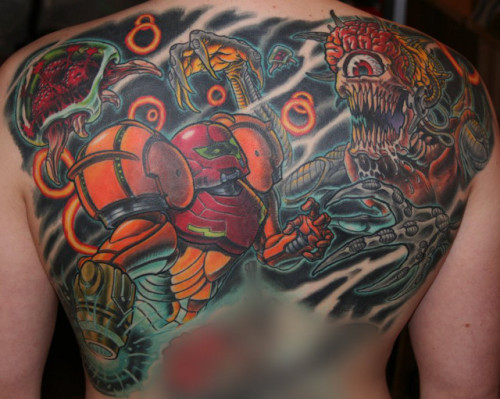 Epic tattoo of the day Super Metroid Samus and Mother Brain Done at 
