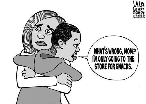 Black boy to mother hugging him:  "What's wrong, Mom?  I'm only going ot the store for snacks."