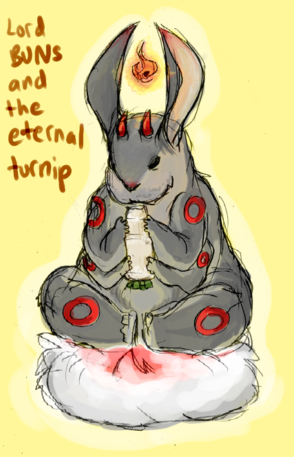 This is a serious character guys. My first OC for the 30 OC challenge.
Lord Buns gets fatter the more he eats the eternal turnip. Lord Buns is a spirit medium that represents a certain event and the passing of time. Lord Buns can be seen as an omen. Lord Buns loves turnips. If you give Lord Buns more turnips he will stop eating the eternal turnip and eat the turnip offerings instead. So give Lord Buns alot of turnips ok.
I saw a picture of a centipede and a bunny and i decided to merge them. This came out and it kinda has nothing to deal with a centipede.
