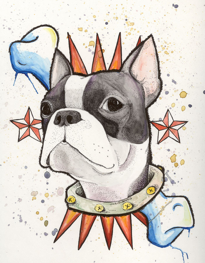 Boston Terrier (or Terror) ;) watercolor/pen &amp; ink on board you like? you follow! inkartbyjennk.tumblr.com also see my tattooed mama blog